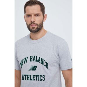 Bavlněné tričko New Balance šedá barva, s aplikací