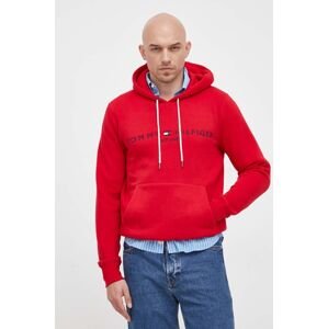 Mikina Tommy Hilfiger pánská, červená barva, s kapucí, s aplikací