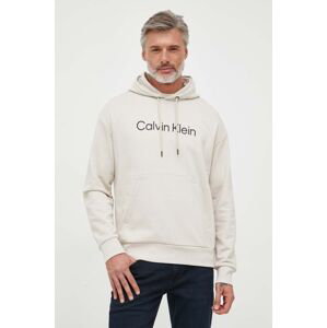 Bavlněná mikina Calvin Klein pánská, béžová barva, s kapucí, s aplikací