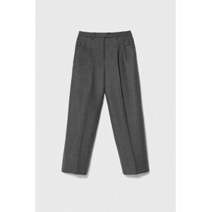 Vlněné kalhoty BOSS šedá barva, široké, high waist