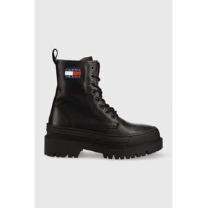 Kožené workery Tommy Jeans Lace Up Boot dámské, černá barva, na platformě