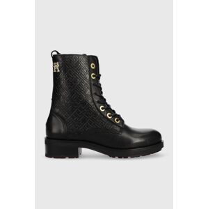 Kožené workery Tommy Hilfiger Th Monogram Biker Boot dámské, černá barva, na plochém podpatku