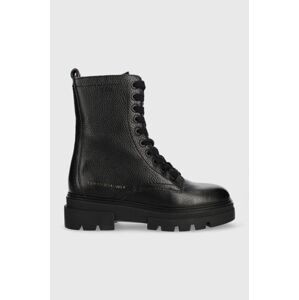 Kožené workery Tommy Hilfiger Monochromatic Lace Up Boot Monochromatic Lace Up Boot dámské, černá barva, na plochém podpatku