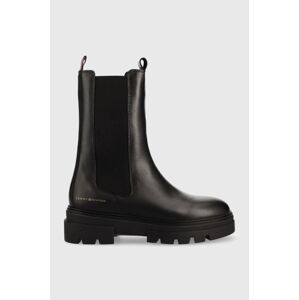 Kožené kotníkové boty Tommy Hilfiger Monochromatic Chelsea Boot dámské, černá barva, na plochém podpatku