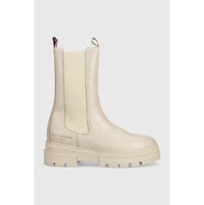 Kožené kotníkové boty Tommy Hilfiger Monochromatic Chelsea Boot dámské, béžová barva, na platformě