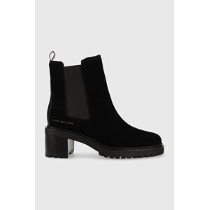 Semišové kotníkové boty Tommy Hilfiger Outdoor Chelsea Mid Heel Boot dámské, černá barva, na podpatku