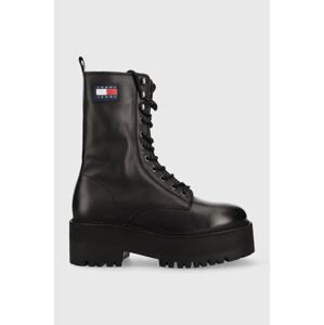 Kožené workery Tommy Jeans Tommy Jeans Flatform Padded Boot dámské, černá barva, na platformě