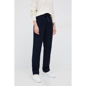 Vlněné kalhoty Emporio Armani dámské, tmavomodrá barva, jednoduché, high waist