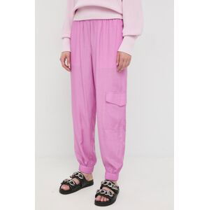 Kalhoty BOSS dámské, fialová barva, kapsáče, high waist
