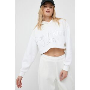 Mikina Calvin Klein Jeans dámská, bílá barva, s kapucí, s aplikací