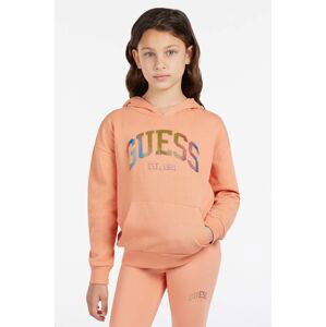 Dětská bavlněná mikina Guess oranžová barva, s kapucí, s aplikací