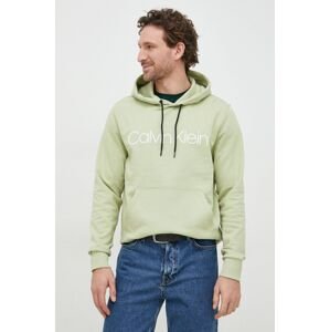 Bavlněná mikina Calvin Klein pánská, zelená barva, s kapucí, s potiskem