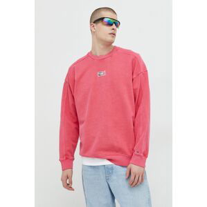 Bavlněná mikina Tommy Jeans pánská, růžová barva, s aplikací