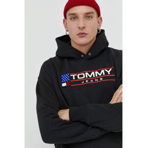 Mikina Tommy Jeans pánská, černá barva, s kapucí, s aplikací