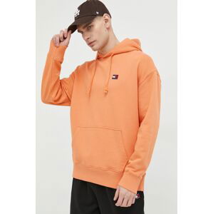 Bavlněná mikina Tommy Jeans pánská, oranžová barva, s kapucí, s aplikací