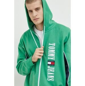 Mikina Tommy Jeans pánská, zelená barva, s kapucí, s aplikací