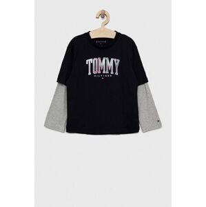 Dětská bavlněná košile s dlouhým rukávem Tommy Hilfiger tmavomodrá barva, s aplikací