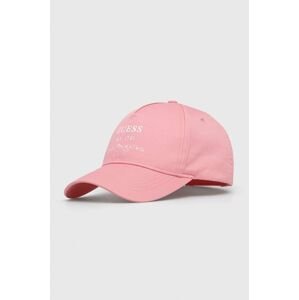 Bavlněná baseballová čepice Guess růžová barva, s potiskem