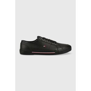 Kožené tenisky Tommy Hilfiger CORE CORPORATE VULC LEATHER pánské, černá barva, FM0FM04561