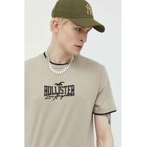 Bavlněné tričko Hollister Co. béžová barva, s aplikací