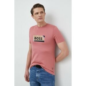 Bavlněné tričko BOSS růžová barva, s potiskem