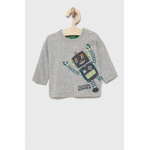 Dětské bavlněné tričko s dlouhým rukávem United Colors of Benetton šedá barva, s potiskem