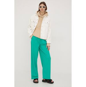 Kalhoty Pieces dámské, zelená barva, široké, high waist