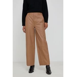 Kožené kalhoty Gestuz dámské, béžová barva, jednoduché, high waist