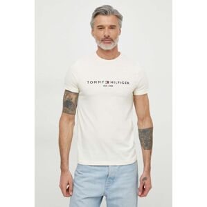 Bavlněné tričko Tommy Hilfiger béžová barva, s aplikací