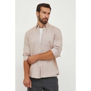 Košile BOSS béžová barva, slim, s límečkem button-down