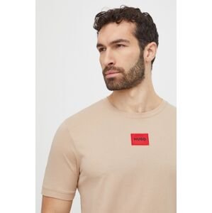 Bavlněné tričko HUGO béžová barva, s aplikací