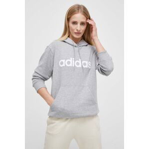 Bavlněná mikina adidas dámská, šedá barva, s kapucí, s potiskem, IC6884