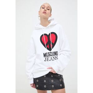 Bavlněná mikina Moschino Jeans dámská, bílá barva, s kapucí, s potiskem