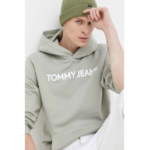 Bavlněná mikina Tommy Jeans pánská, zelená barva, s kapucí, s potiskem