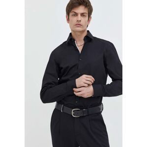 Bavlněná košile HUGO černá barva, slim, s klasickým límcem