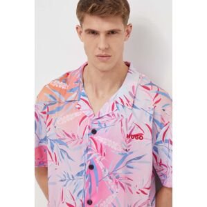 Košile HUGO pánská, růžová barva, relaxed, s klasickým límcem