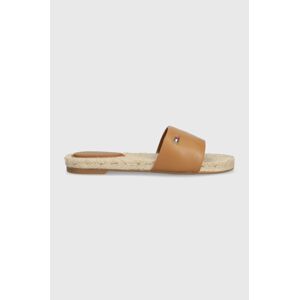 Kožené pantofle Tommy Hilfiger SIMPLE LEATHER FLAT ESP SANDAL dámské, hnědá barva, FW0FW07933