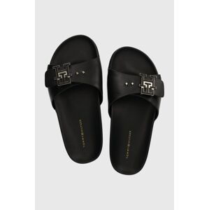 Kožené pantofle Tommy Hilfiger TH HARDWARE LEATHER FLAT SANDAL dámské, černá barva, FW0FW07940