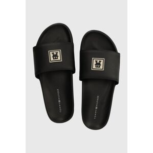 Kožené pantofle Tommy Hilfiger TH RUBBER PATCH LEATHER SANDAL pánské, černá barva, FM0FM05031