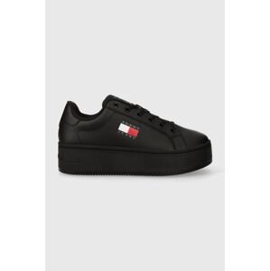 Kožené sneakers boty Tommy Jeans TJW FLATFORM ESS černá barva, EN0EN02518