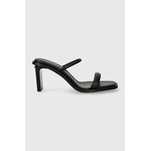 Kožené pantofle Calvin Klein PADDED CURVED STIL SLIDE 70 dámské, černá barva, na podpatku, HW0HW01992