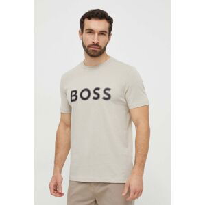 Bavlněné tričko Boss Green béžová barva, s aplikací