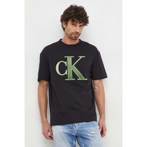 Bavlněné tričko Calvin Klein Jeans černá barva, s aplikací