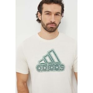 Bavlněné tričko adidas béžová barva, s potiskem, IS2873