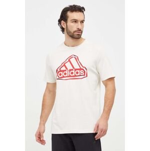 Bavlněné tričko adidas béžová barva, s potiskem, IS2882