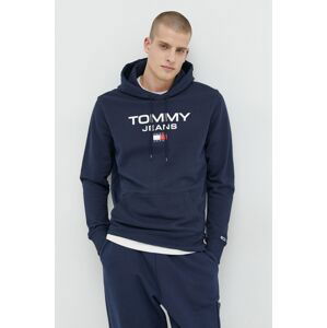 Bavlněná mikina Tommy Jeans pánská, tmavomodrá barva, s kapucí, s aplikací