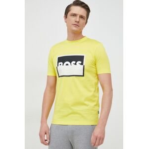 Bavlněné tričko BOSS žlutá barva, s potiskem