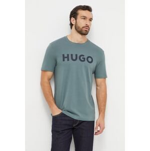 Bavlněné tričko HUGO zelená barva, s potiskem