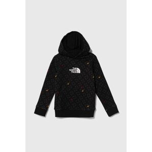 Dětská bavlněná mikina The North Face DREW PEAK LIGHT P/O HOODIE PRINT černá barva, s kapucí, vzorovaná