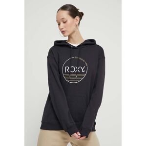 Mikina Roxy dámská, černá barva, s kapucí, s potiskem, ERJFT04815